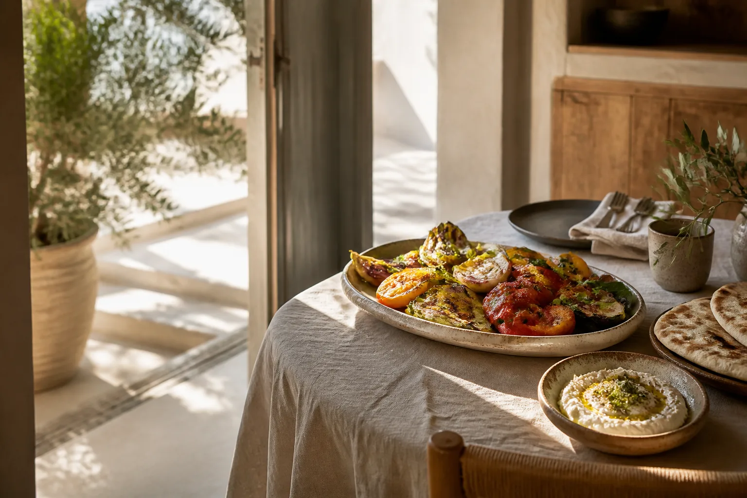 Table ensoleillée garnie de légumes grillés, de pain plat et de houmous