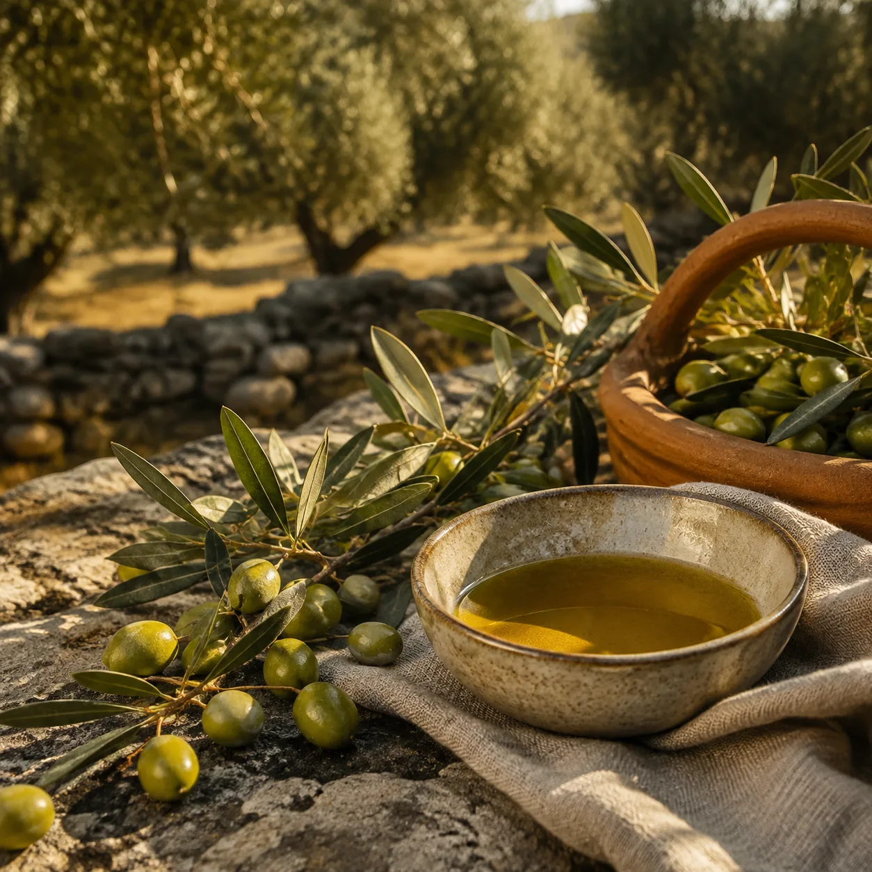Olives vertes, branche d’olivier et huile dorée sur une pierre chaude