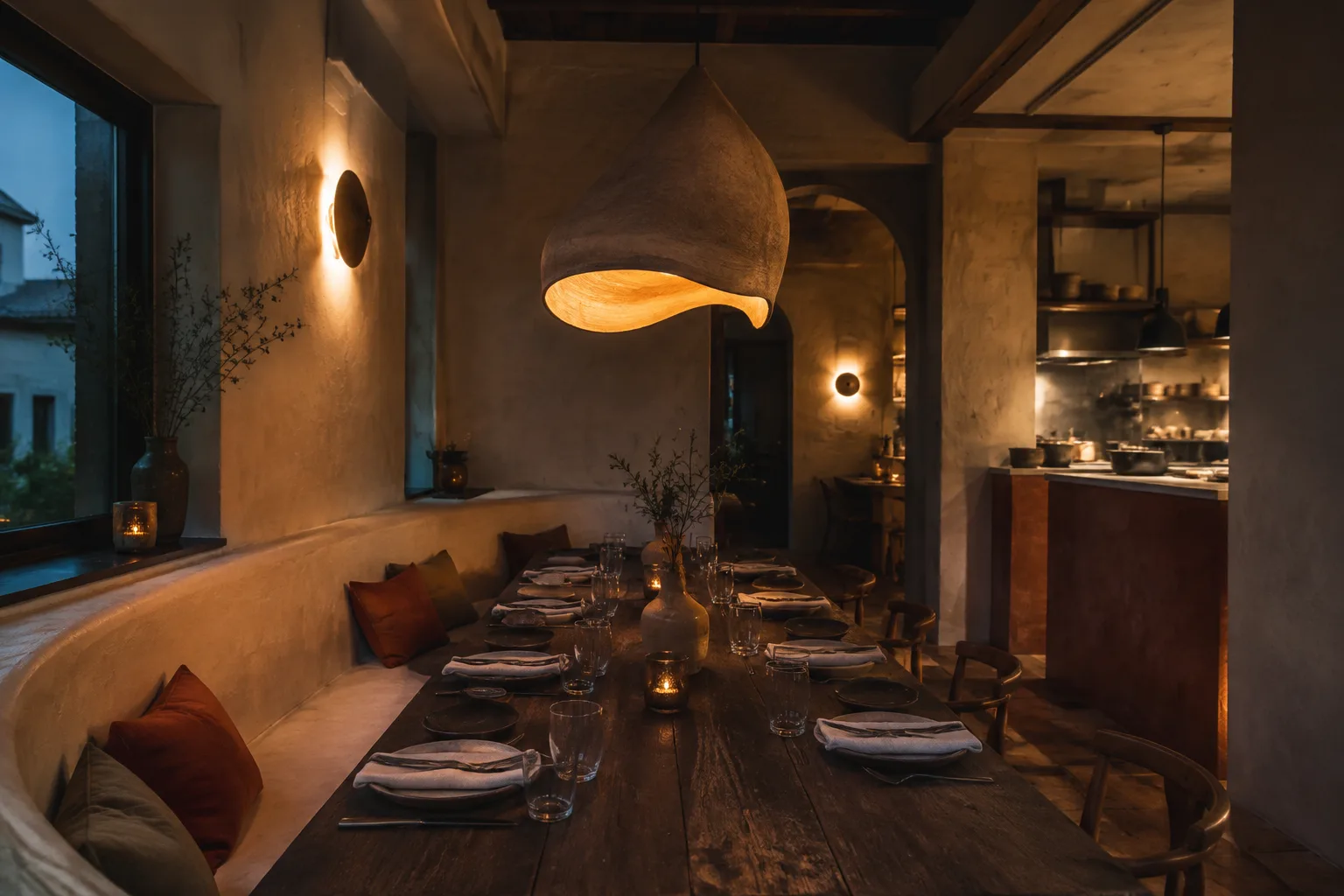 Salle de restaurant avec banquette en plâtre, grande table et cuisine ouverte